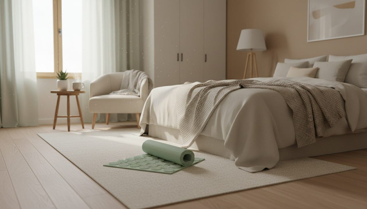 A sunlit bedroom with an acupressure mat by a cozy armchair, evoking calm.