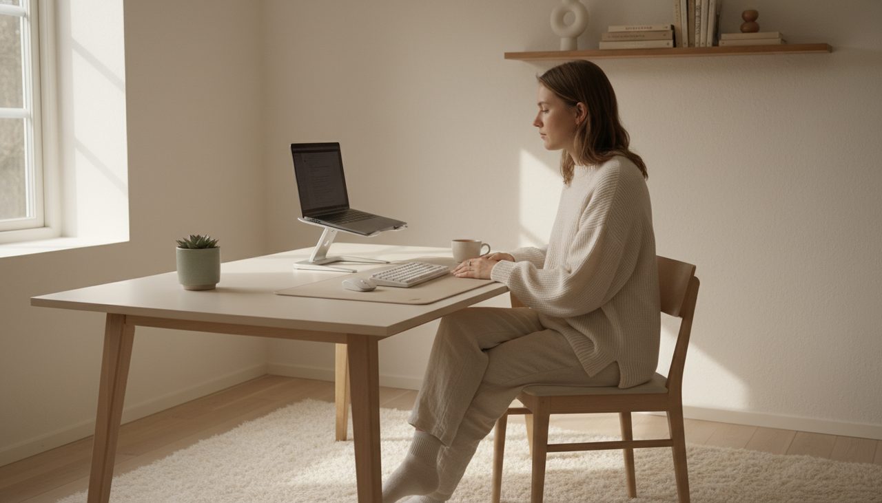 A person working comfortably at a tidy desk in a bright home office.