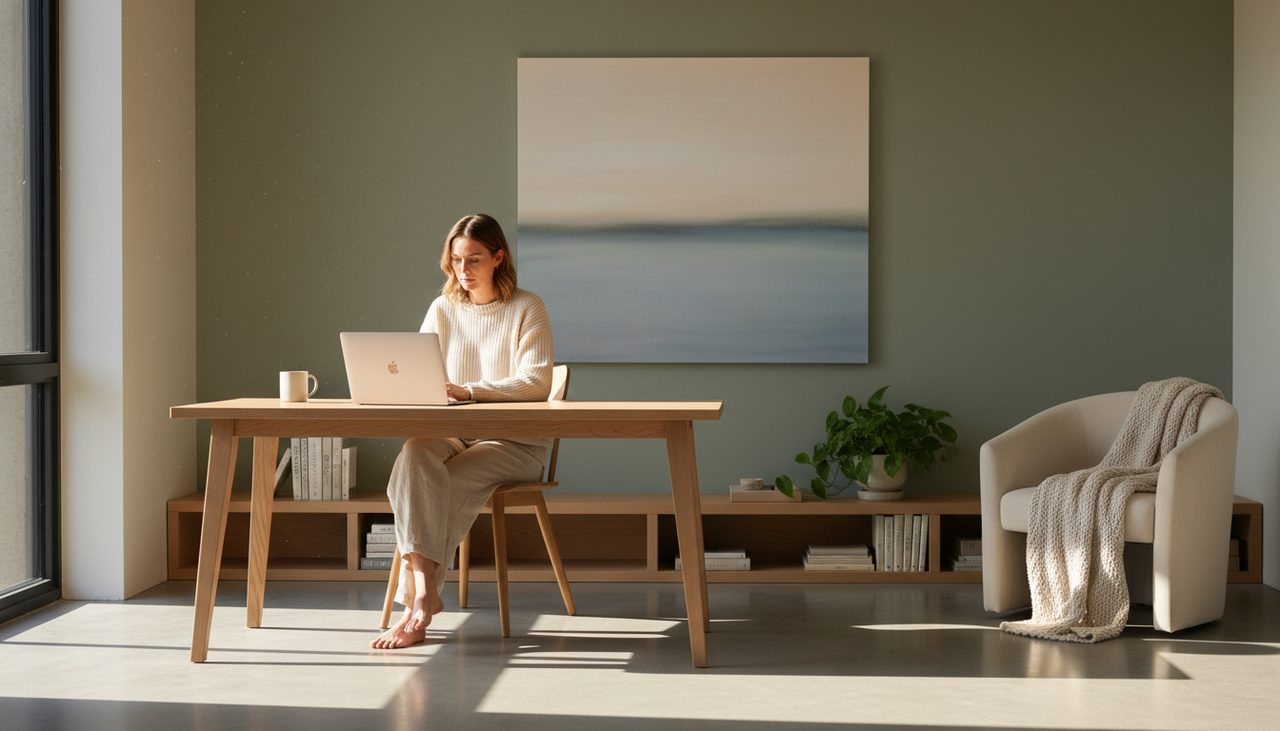 A person sits focused at a sunlit wooden desk in a modern home office.