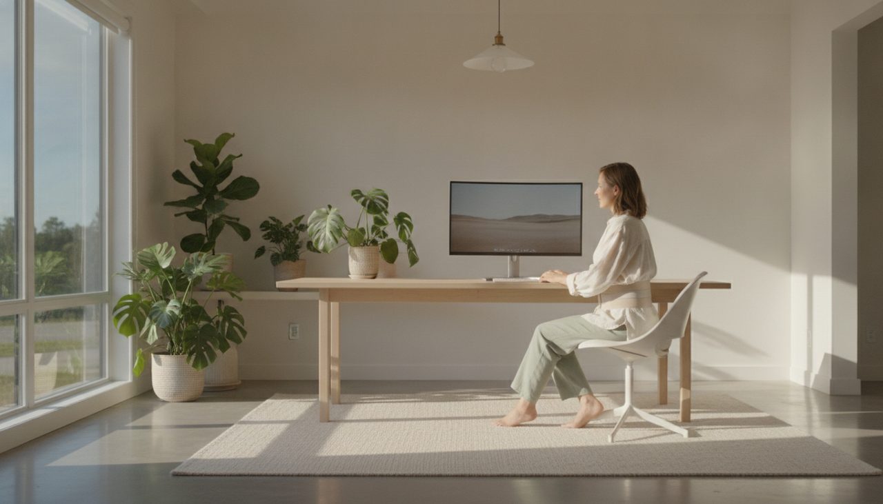 A person sits comfortably at a minimalist desk in a bright home office.