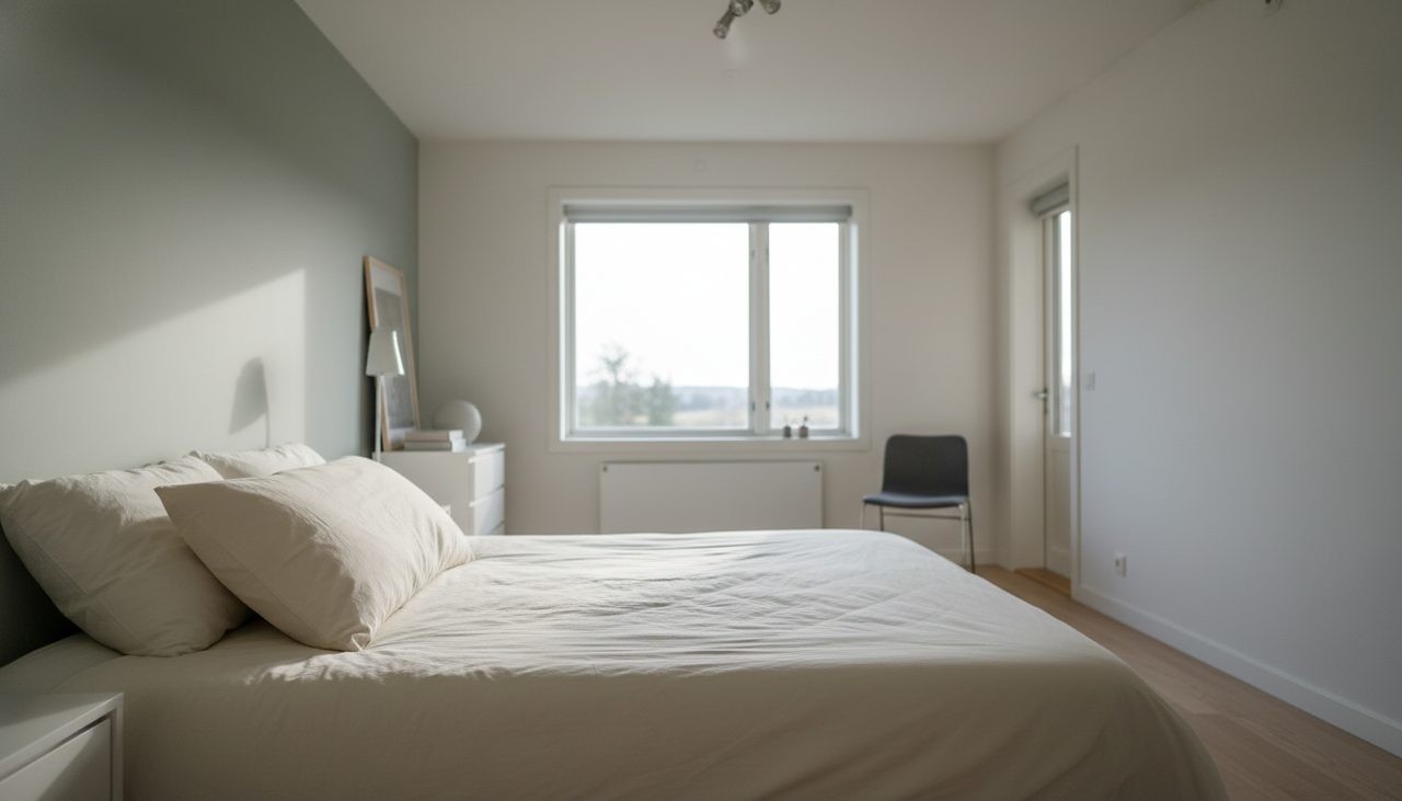 A bright, serene bedroom with a neatly made bed and a prominent bamboo pillow.