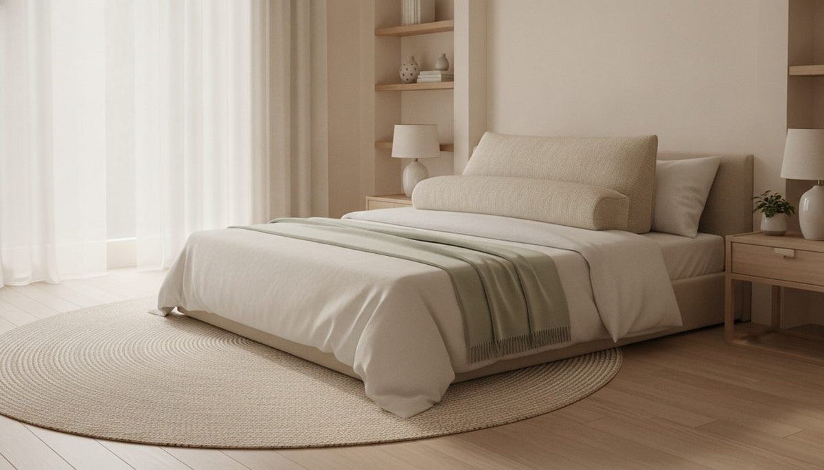 A bright, serene bedroom with a bed featuring a comfortable bed wedge pillow.