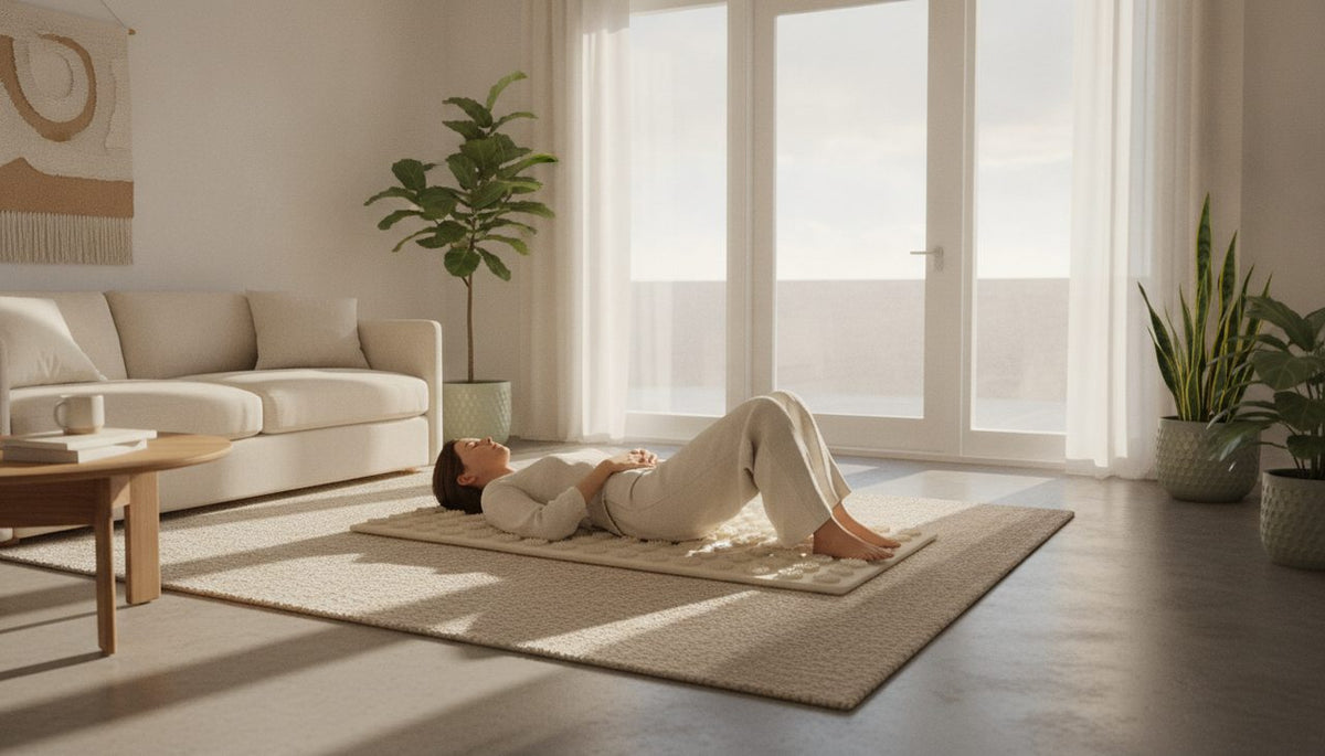 A person relaxes on an acupressure mat in a sunlit, minimalist living room.