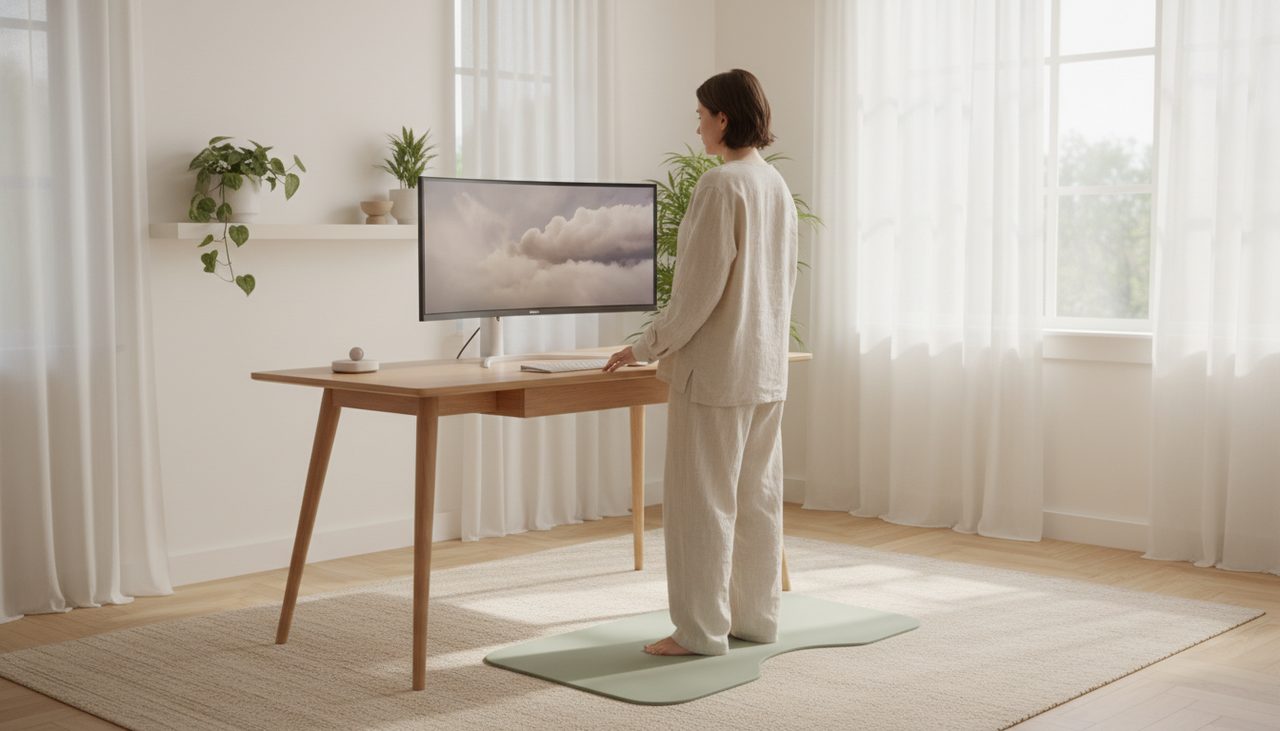 A person stands comfortably at a modern standing desk with an anti-fatigue mat.