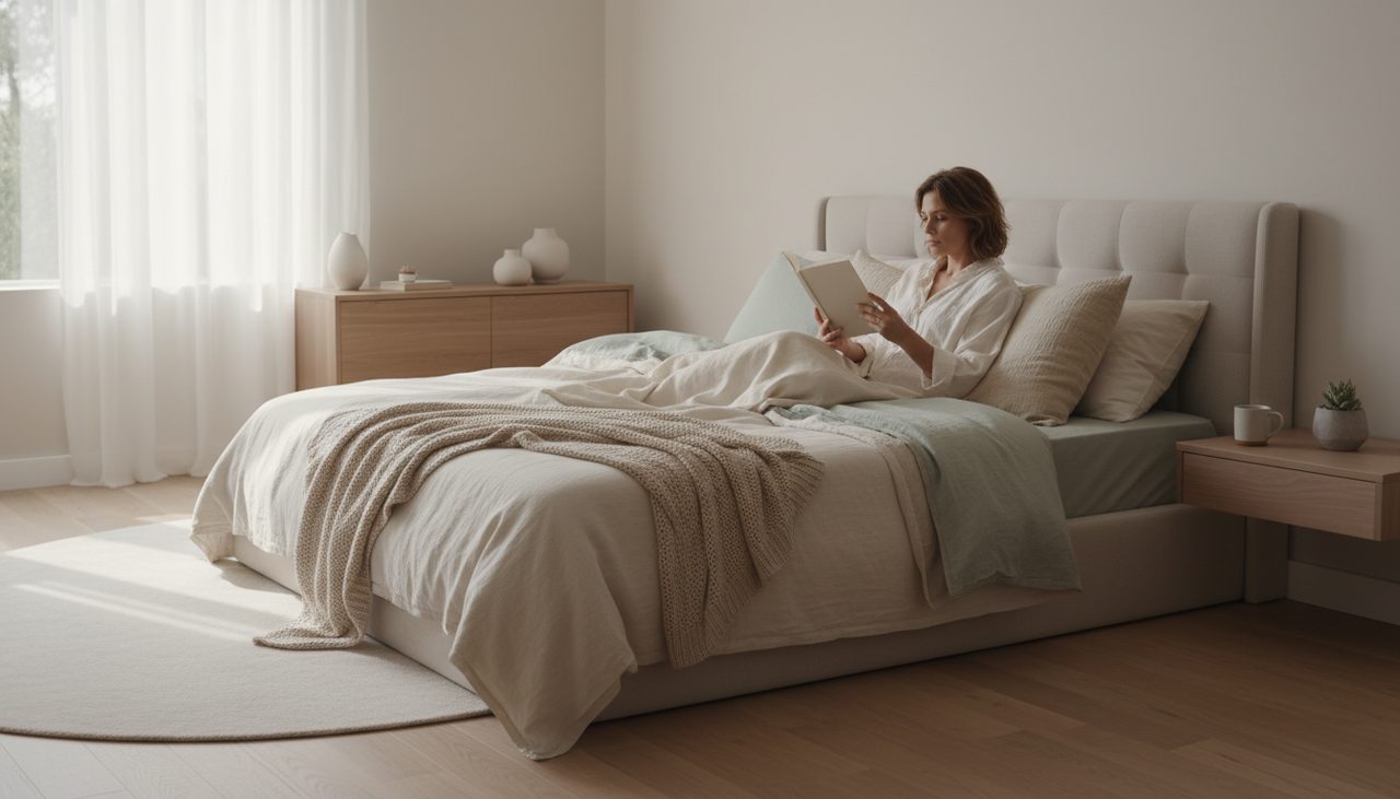 A person reading in a bright bedroom, comfortably supported by a back pillow in bed.