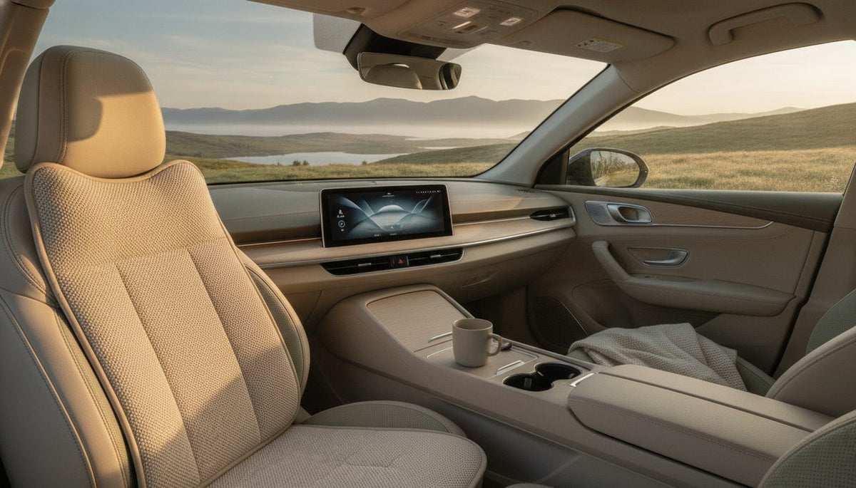 Wide shot of a comfortable car interior at sunrise, featuring a quality seat cushion.