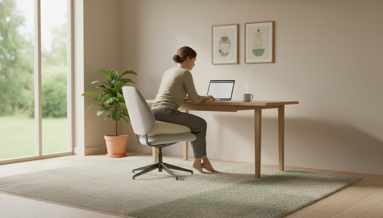 A person comfortably seated in a bright, modern home office with a donut cushion.