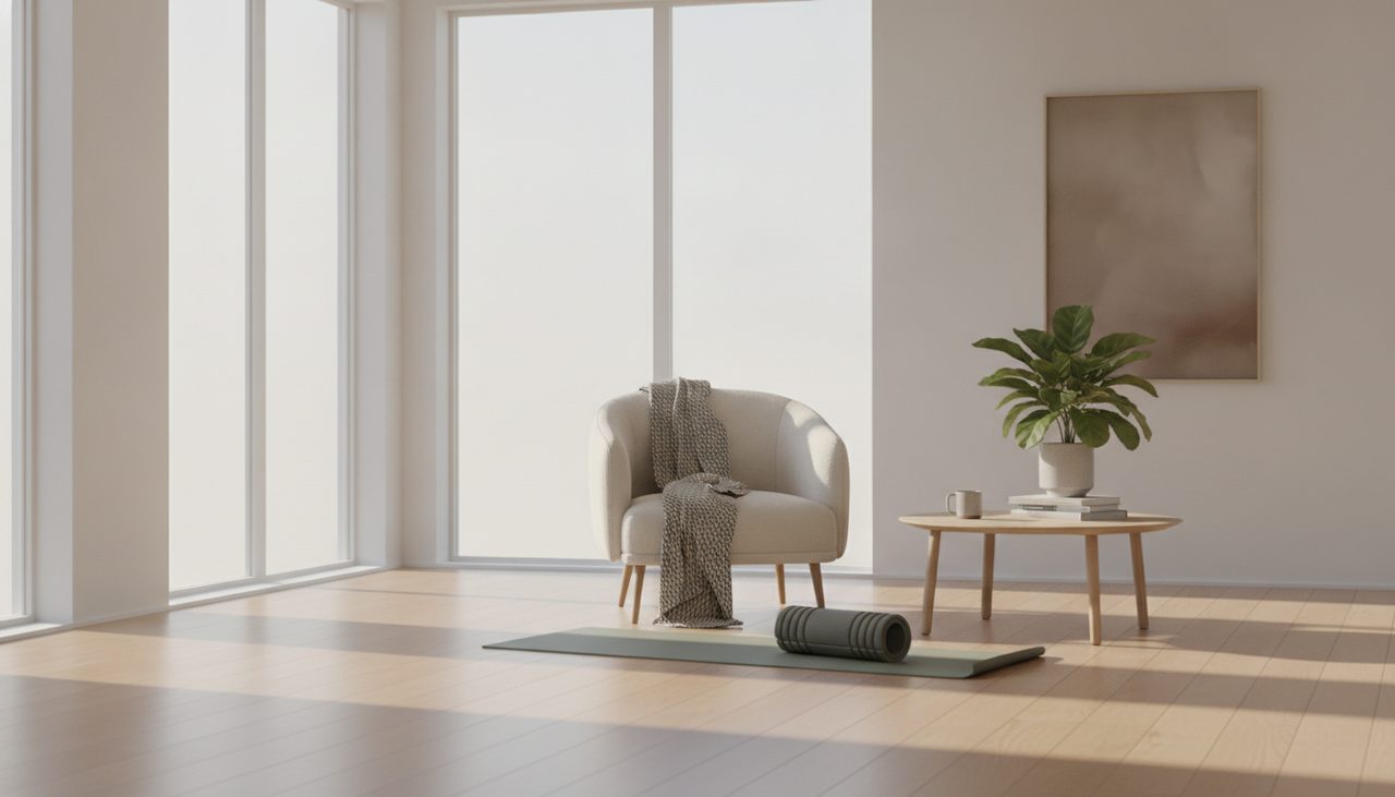 Foam roller resting on a rug in a bright living room