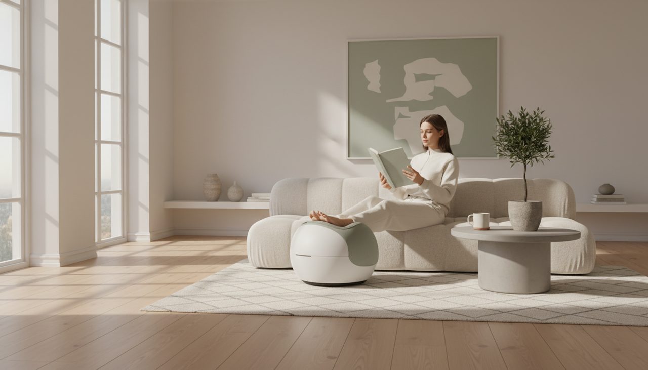 A person relaxing on a sofa with a modern foot massager in a bright living room.