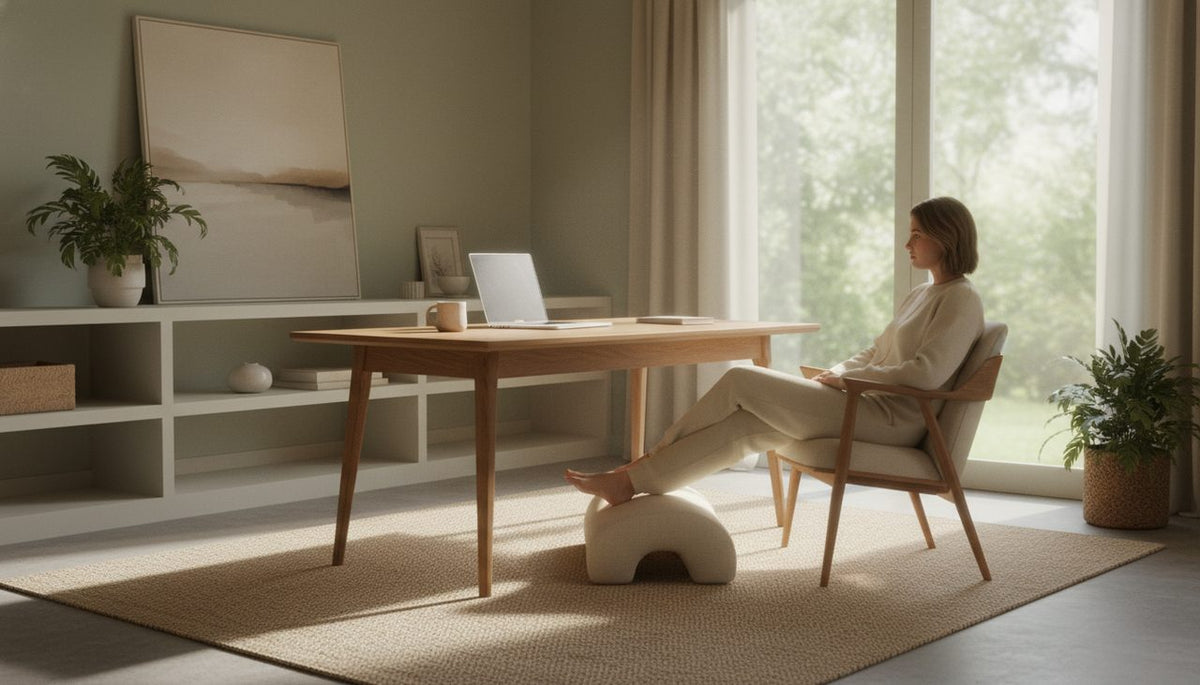 A person comfortably seated at a bright home office desk, using an ergonomic footrest.