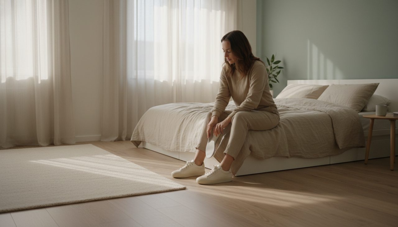 Person in a bright bedroom, placing an insole into a shoe.