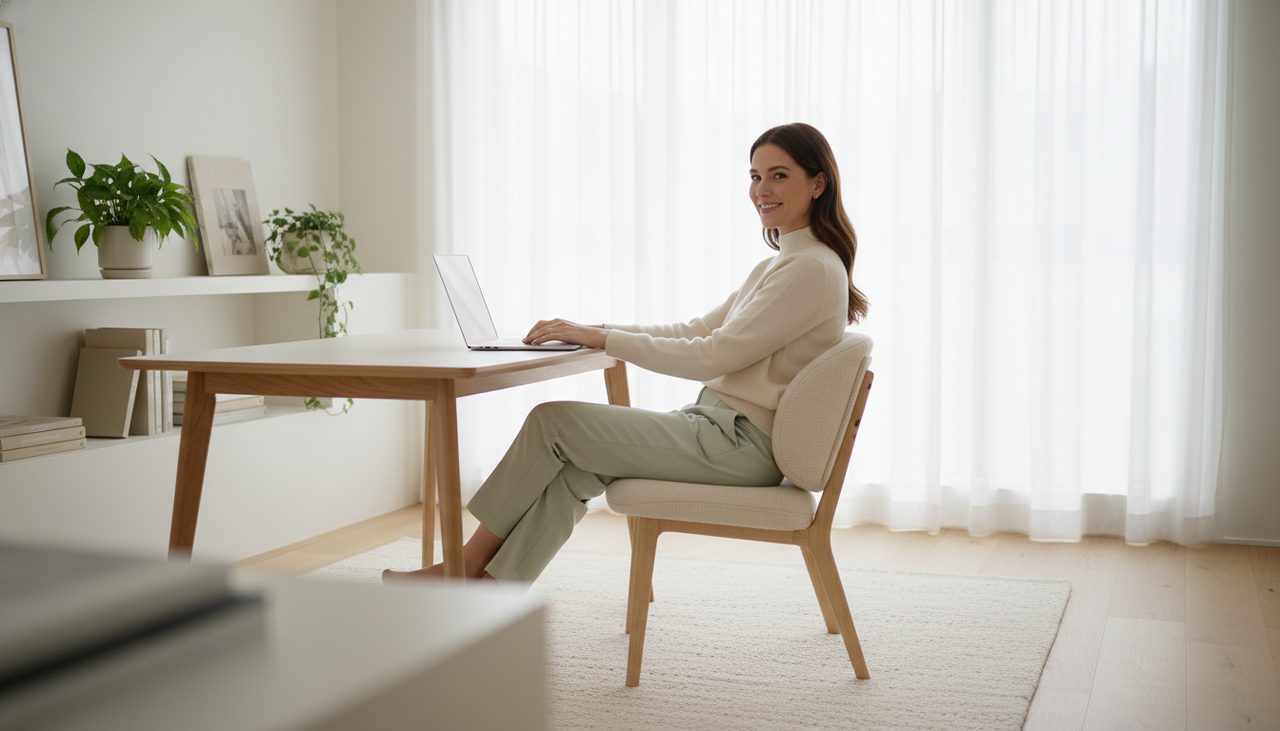 A person comfortably working in a bright, modern home office with a lumbar support pillow.