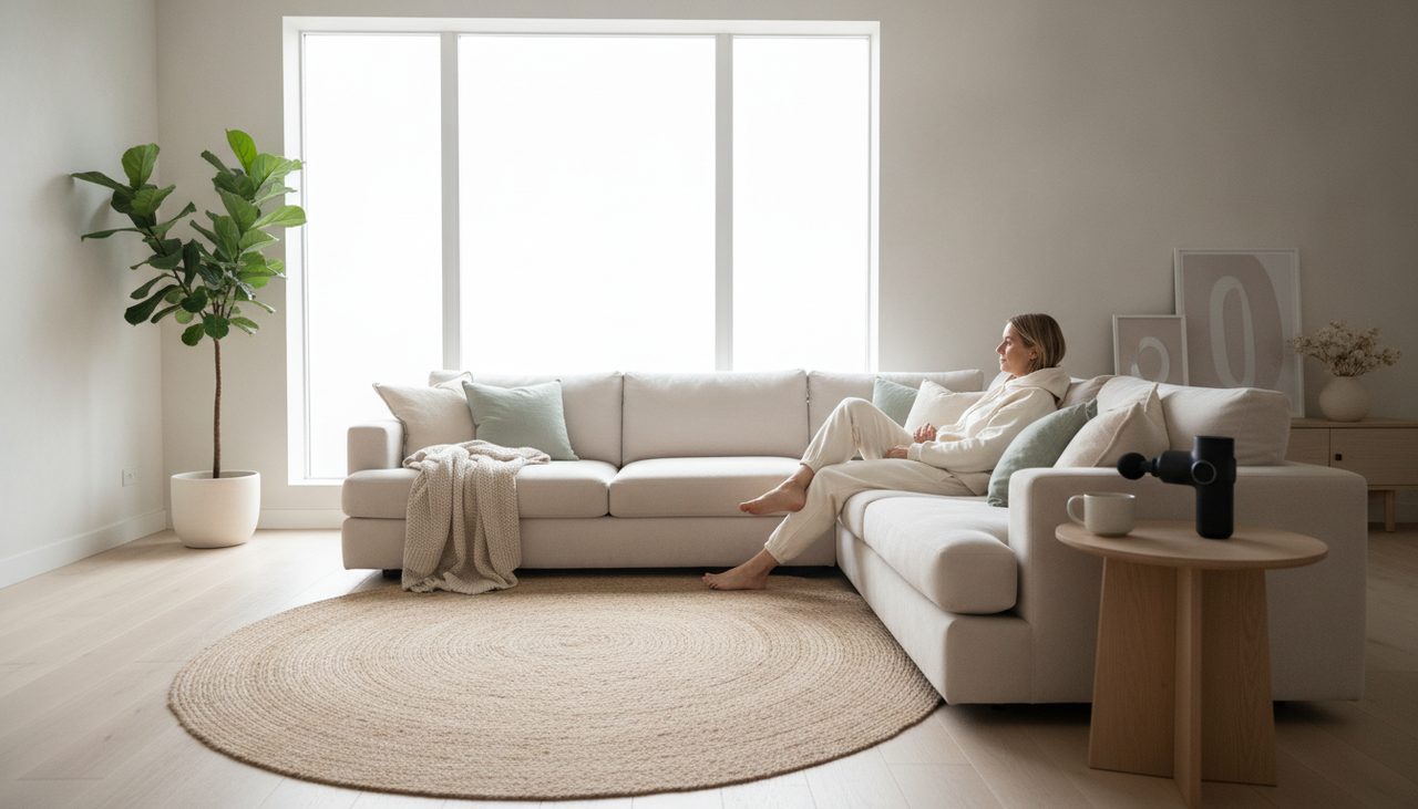 Person relaxing on a sofa with a massage gun on a side table.