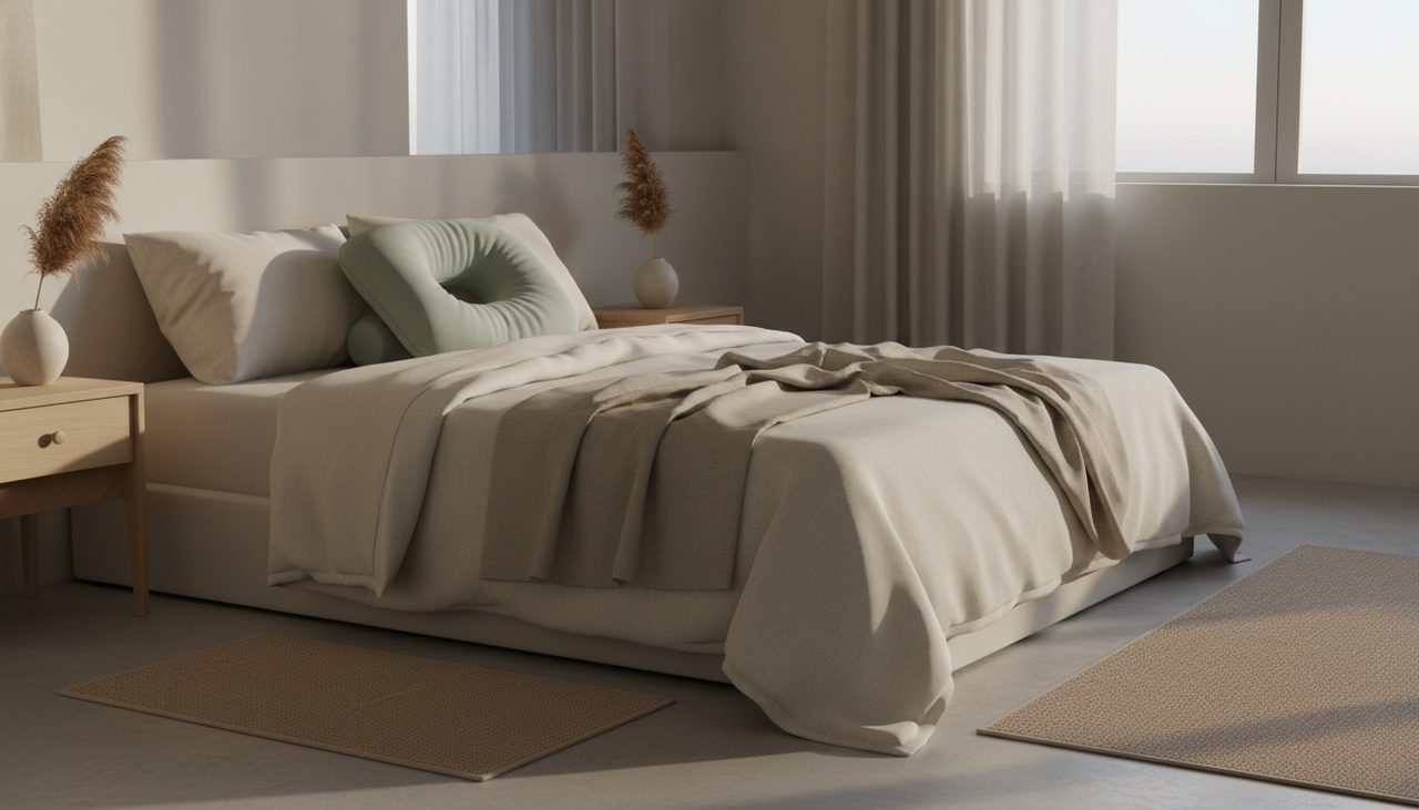 Tranquil bedroom with a premium neck support pillow on a neatly made bed.