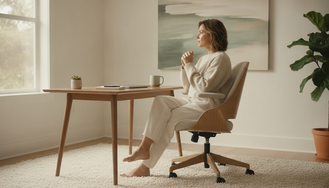 A wide shot of a bright home office with an ergonomic chair and lumbar support.