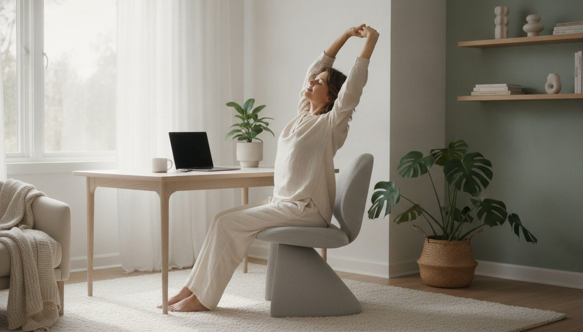A person comfortably seated in a modern ergonomic office chair in a bright, tidy home office.