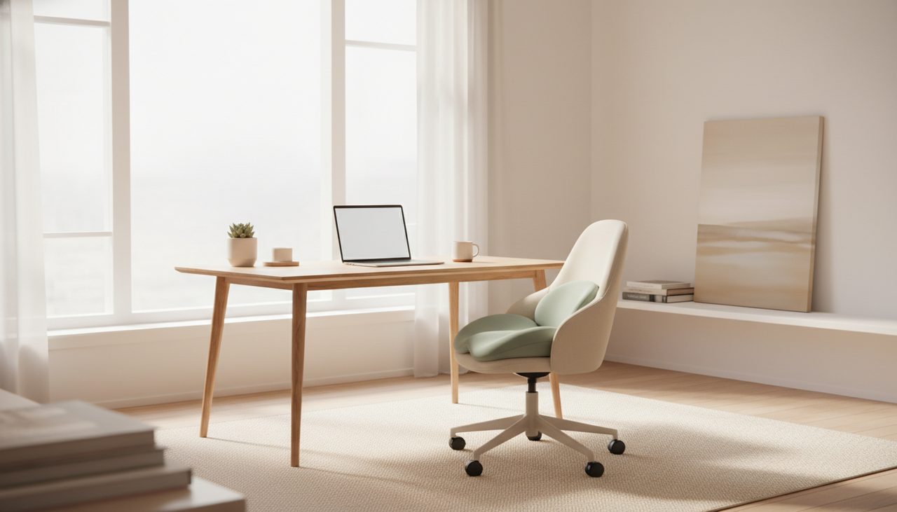 A bright, tidy home office with an ergonomic chair and a stylish seat cushion.