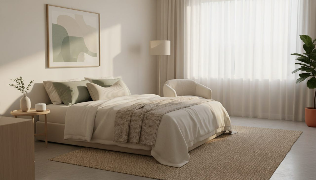 Wide shot of a bright, tidy bedroom with a comfortable bed and supportive pillow.