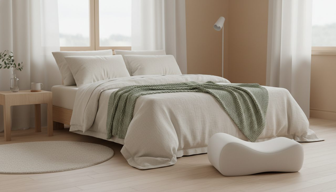 A wide shot of a bright, serene bedroom with a neatly made bed and soft pillows.
