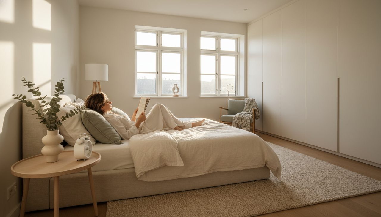 A person relaxing with a book in a bright, comfortable bedroom, surrounded by plush pillows.