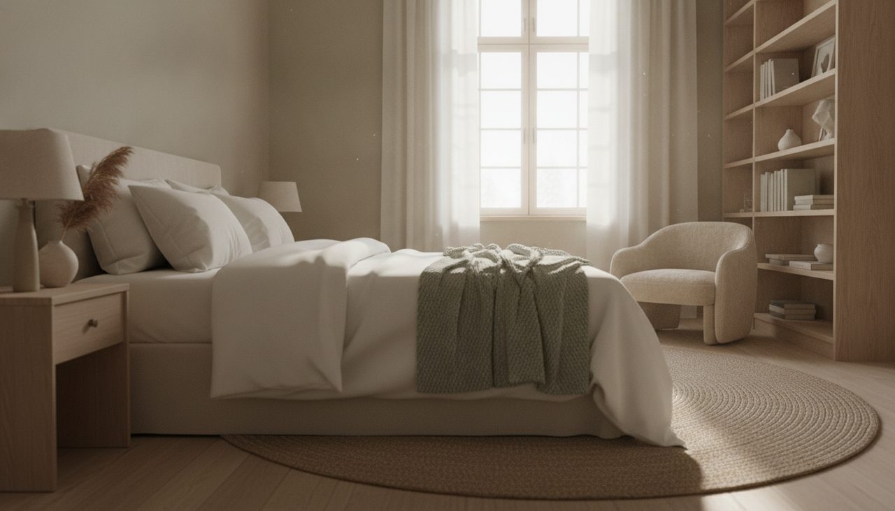 A tranquil bedroom with a neatly made bed and a thin, inviting pillow under soft morning light.
