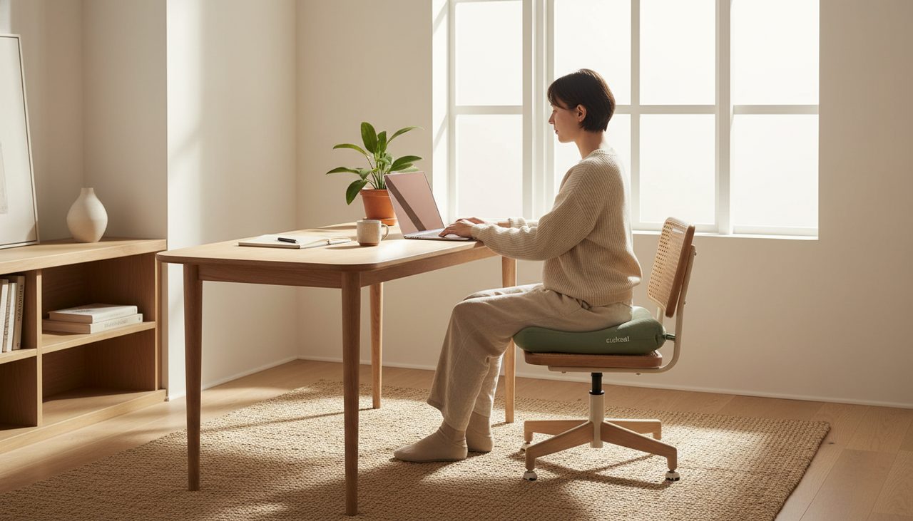 A person working comfortably in a bright, modern home office with a seat cushion.