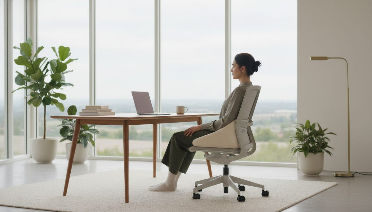 Person comfortably working at a modern desk in a bright home office with a seat cushion.