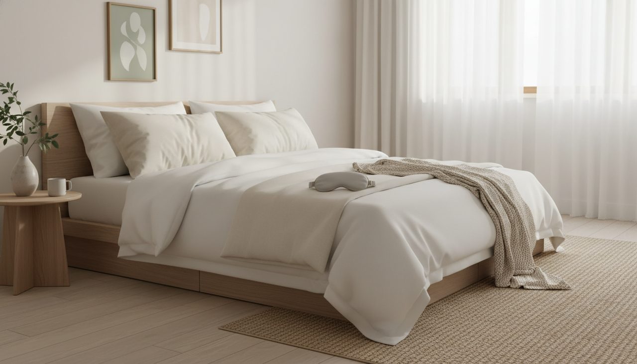 A serene, sunlit bedroom with a luxury sleep mask on a pillow, suggesting peaceful comfort.