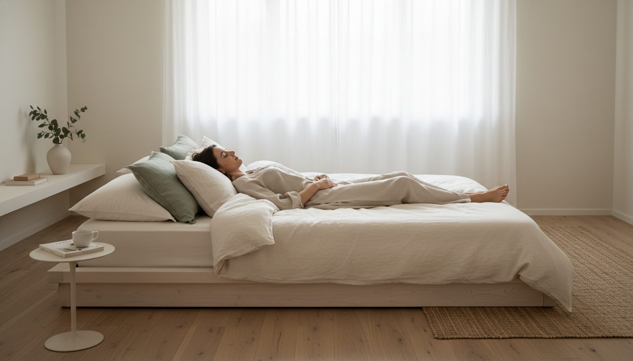 A peaceful person sleeping on their back in a bright, tranquil bedroom with supportive pillows.