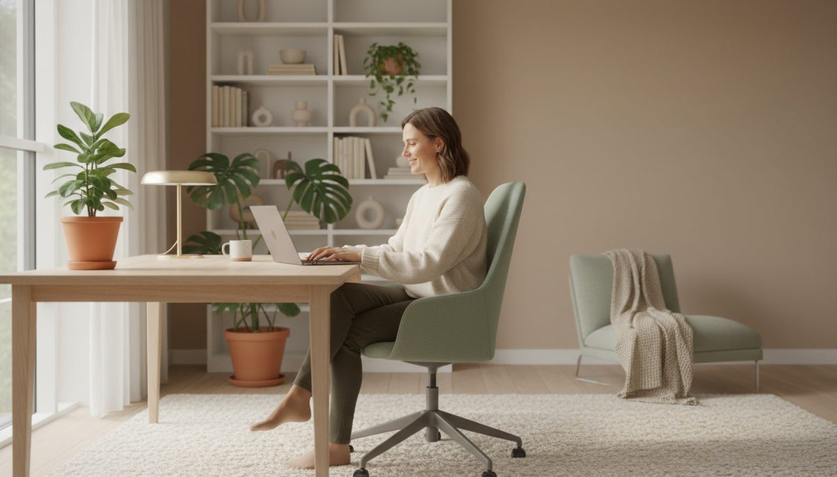 A person comfortably working at a bright home office desk with natural light.