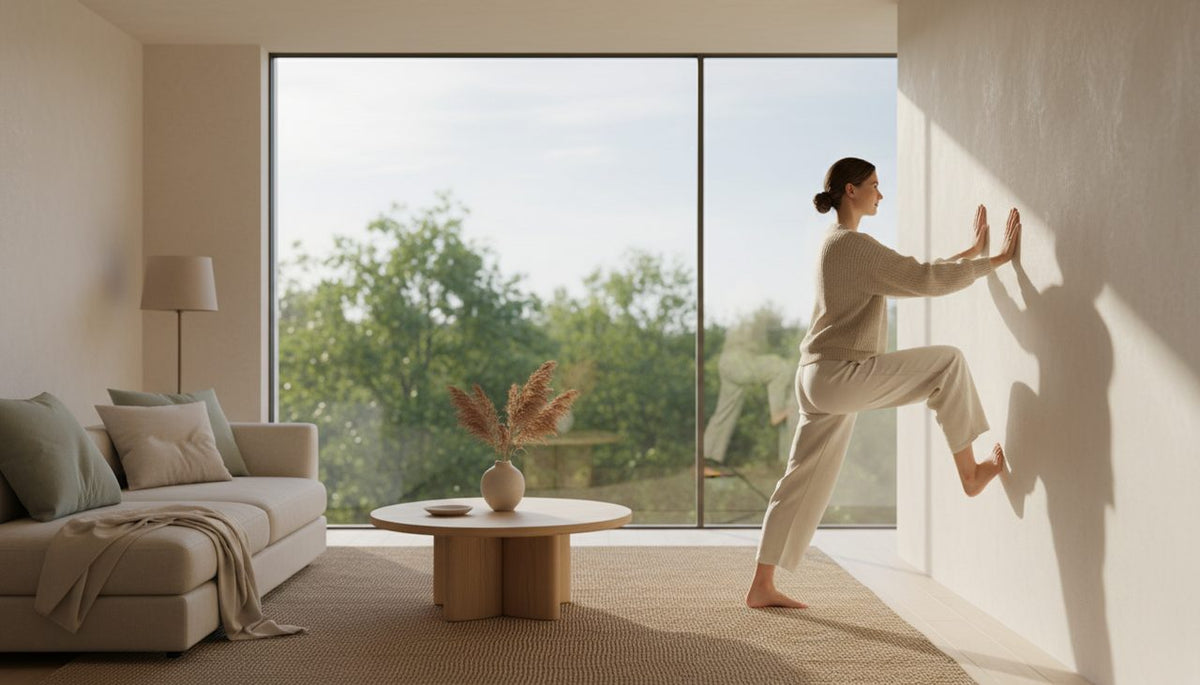 Wide shot of a person gently stretching in a sunlit, minimalist living room.