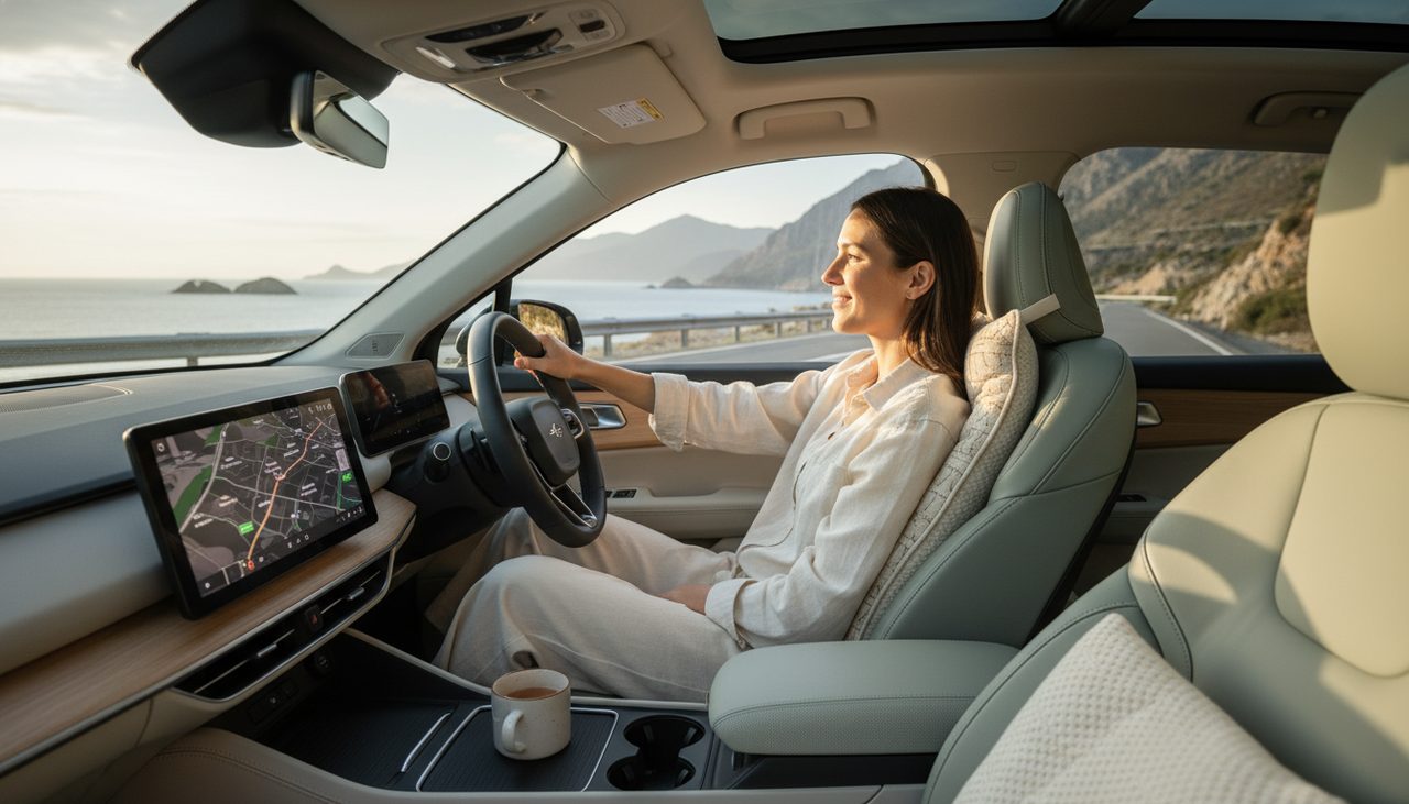 A person relaxed in a comfortable car seat with lumbar support, parked at a scenic overlook.