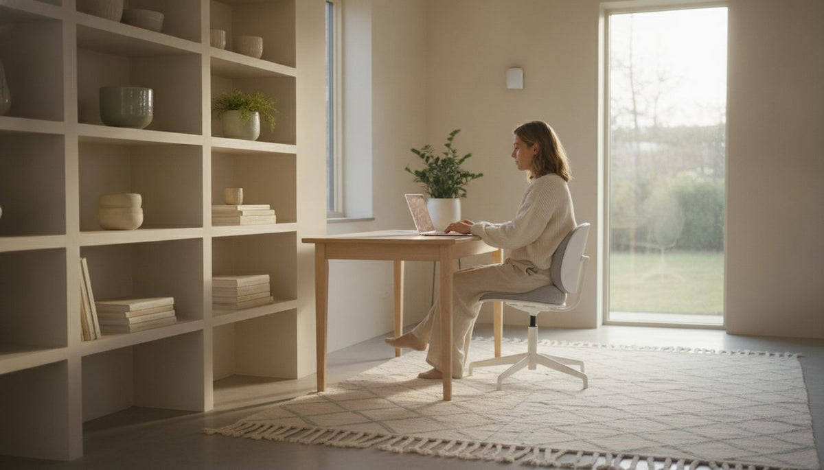 Person sits comfortably at a tidy home office desk with natural light.
