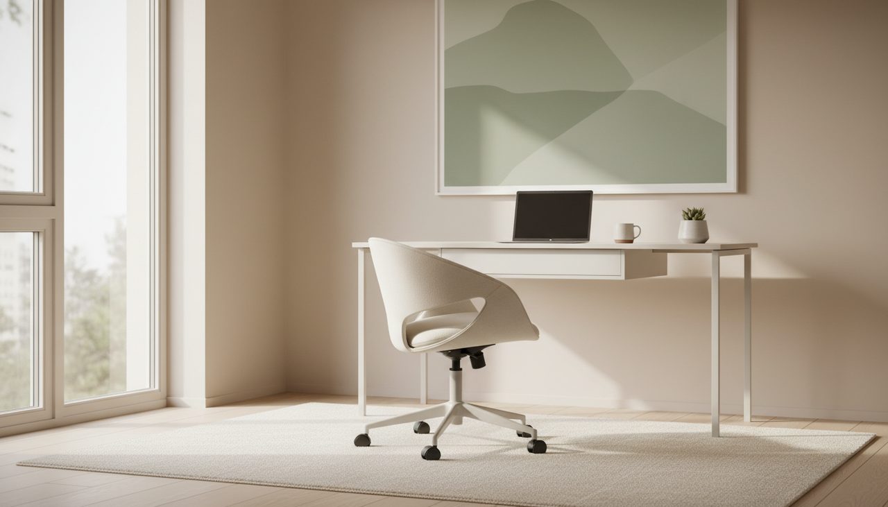 Bright home office with ergonomic chair and seat cushion by a sunny window.