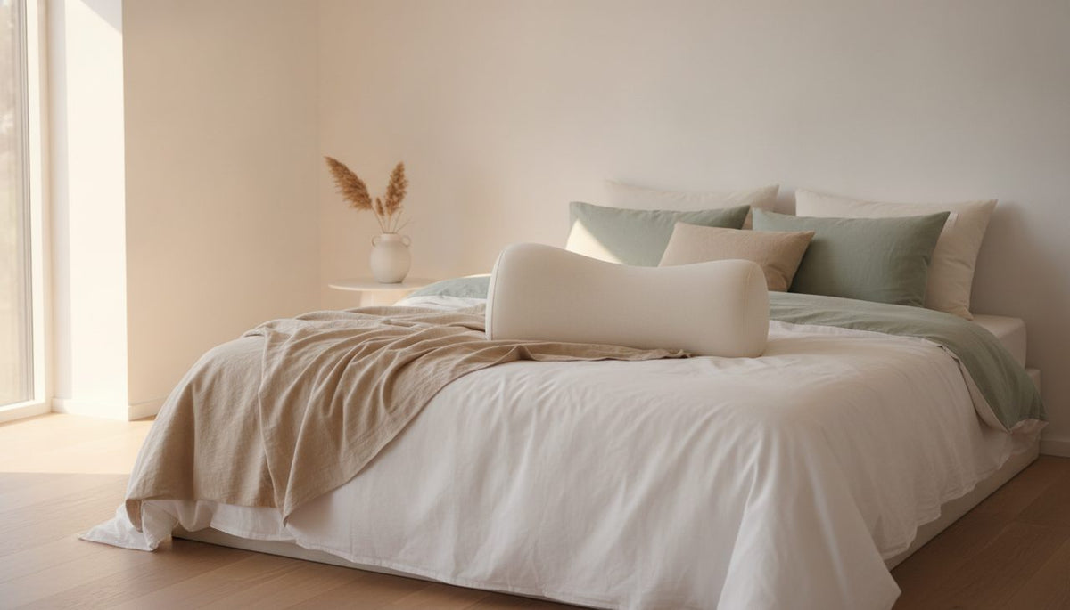 A beautifully made bed with a contour pillow in a bright, tranquil bedroom.