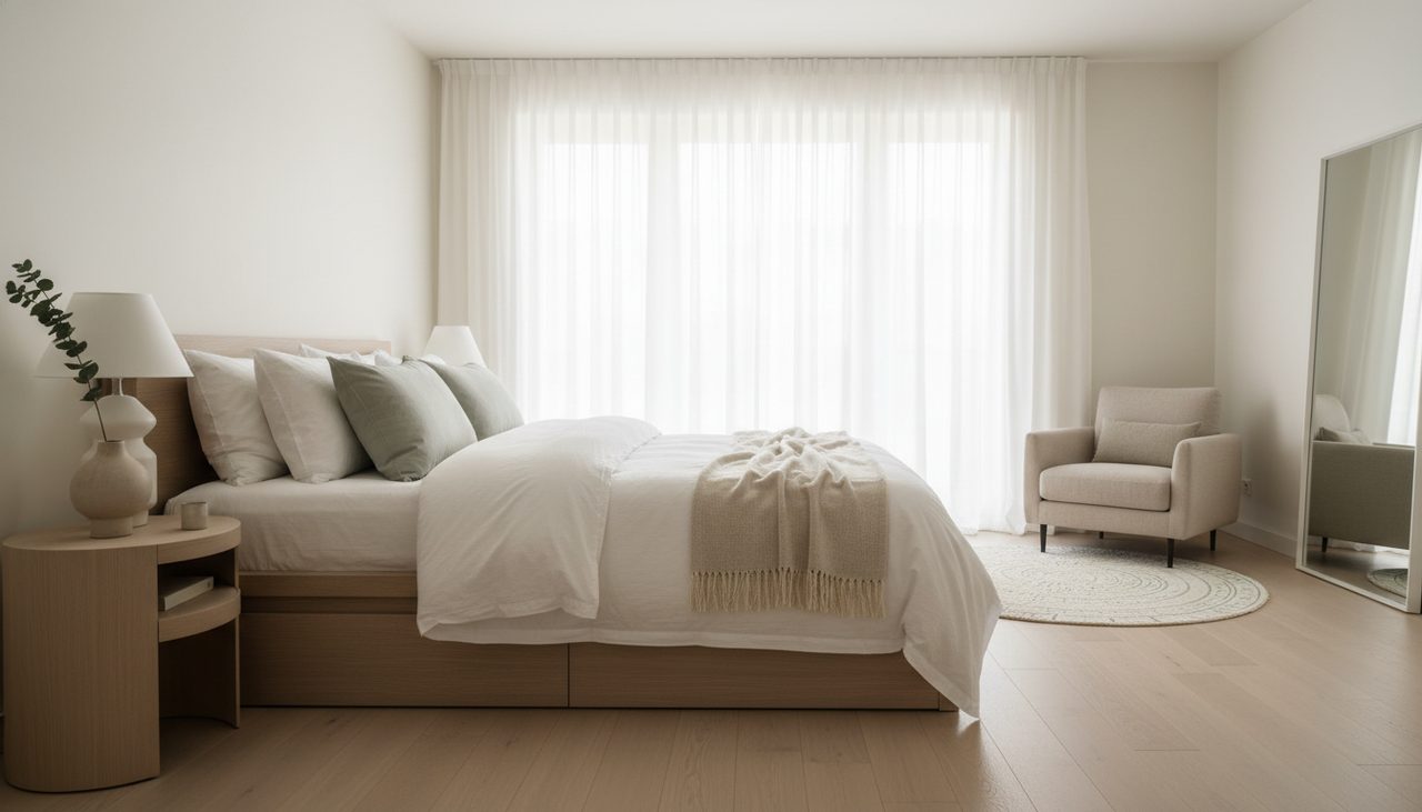 A wide shot of a serene, sunlit bedroom with a neatly made bed and soft pillows.