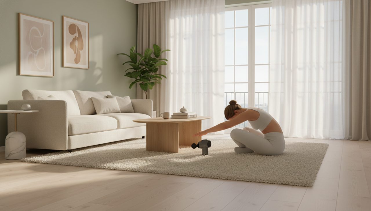 A person relaxing in a bright, modern living room with a massage gun nearby.