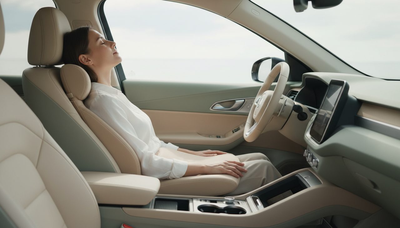 A person comfortably seated in a clean car interior, an ergonomic cushion on their seat.