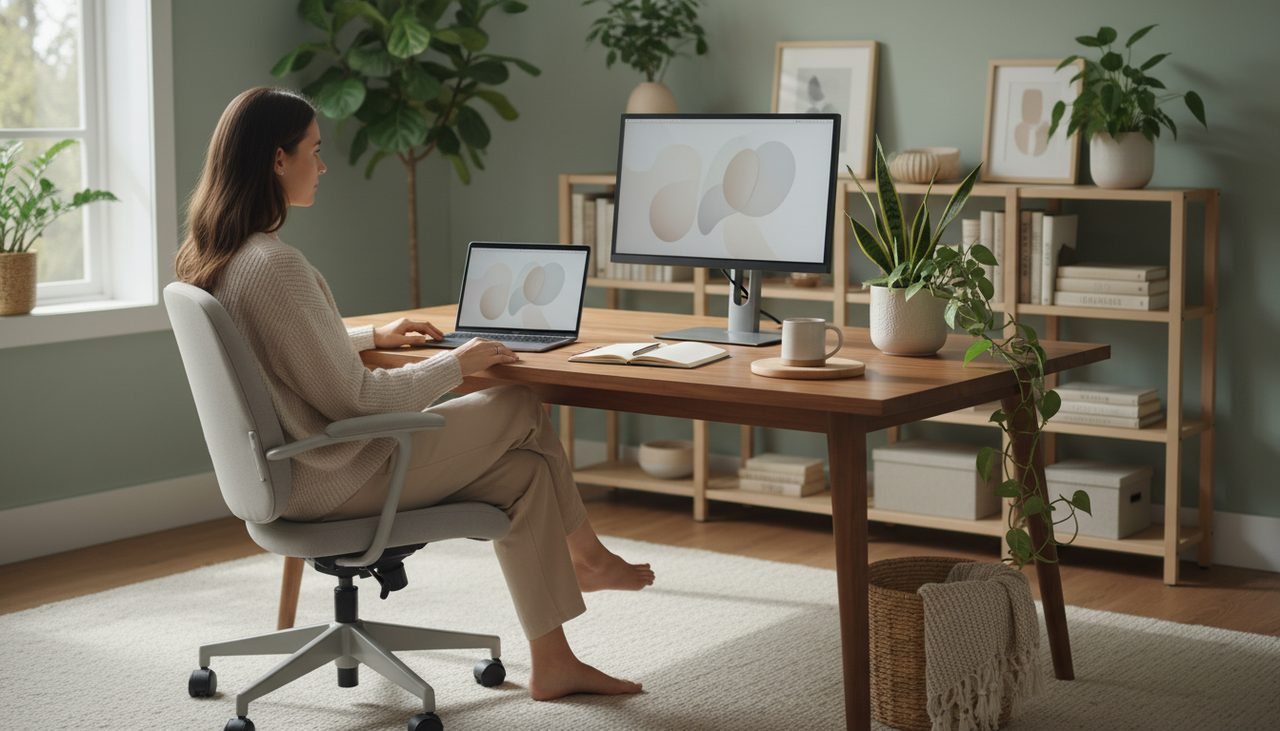 A bright, minimalist home office with a person comfortably working at an ergonomic desk.