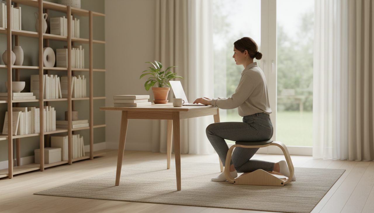 A person works comfortably in a bright home office, seated on a modern kneeling chair.