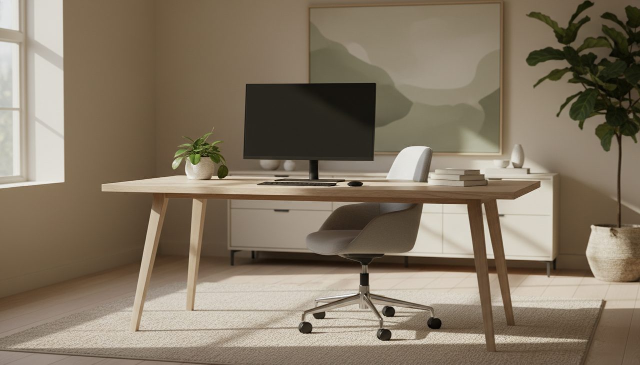 A bright, modern home office with an ergonomic chair at a tidy wooden desk.