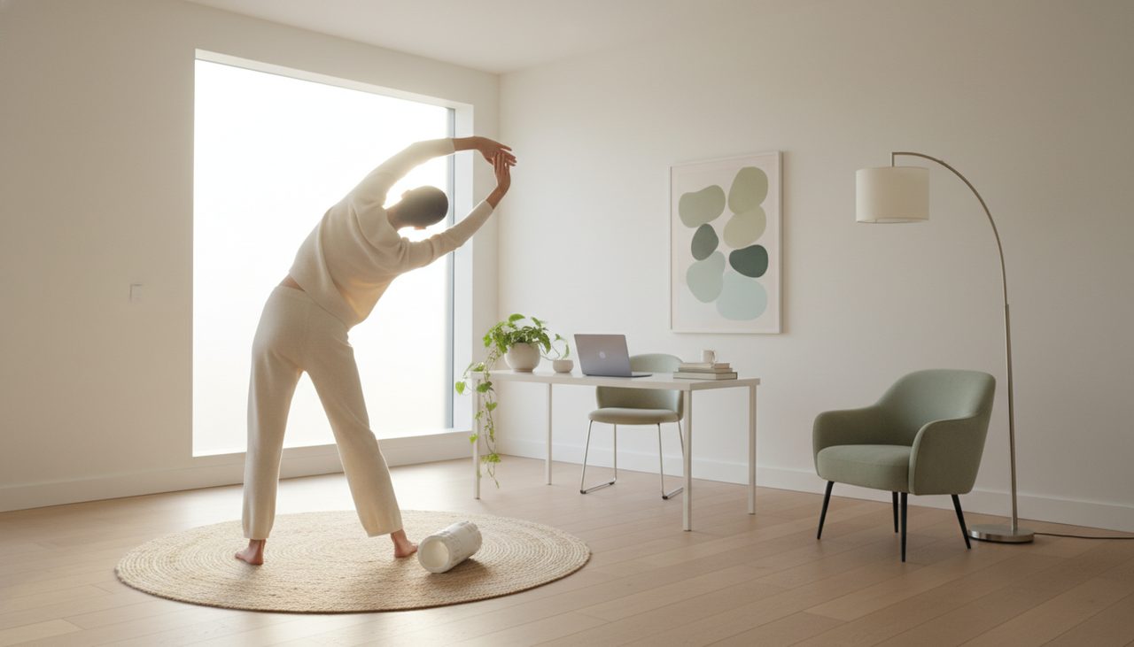 Person stretching in a bright home office, a foam roller on the floor.