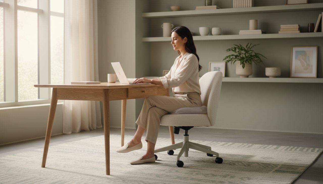 Bright, serene home office with a person comfortably seated on a gel cushion.