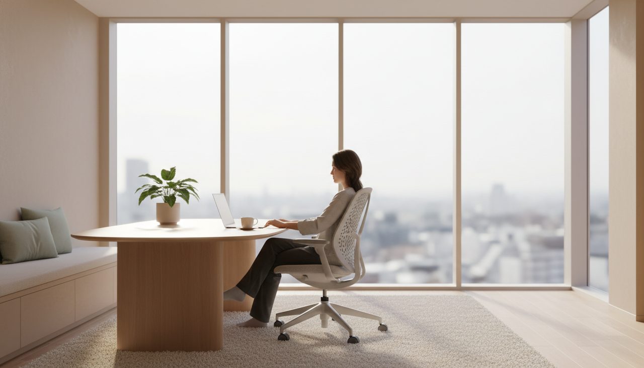 A person sits comfortably at a minimalist desk in a bright, modern home office.