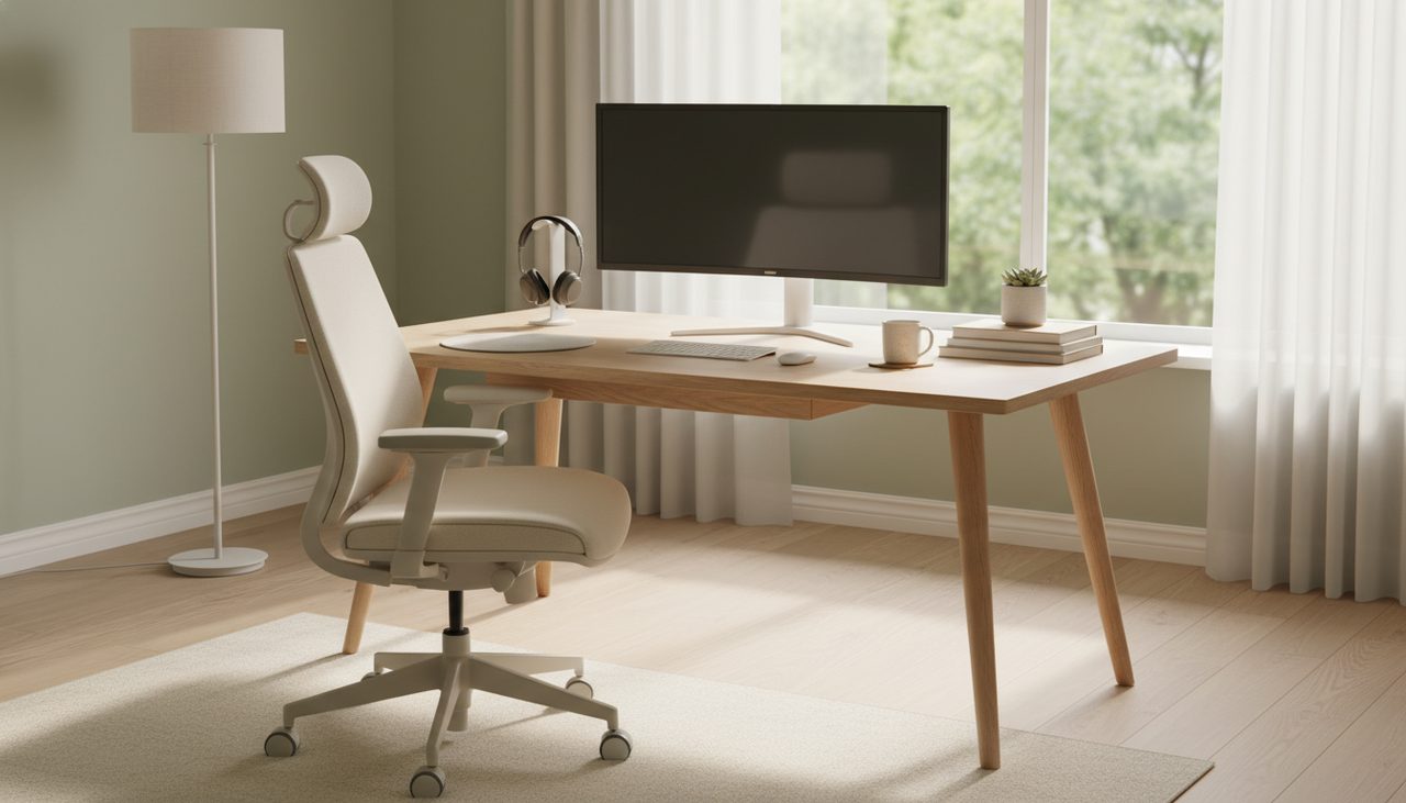 A wide shot of a bright, tranquil home office with an ergonomic desk setup.