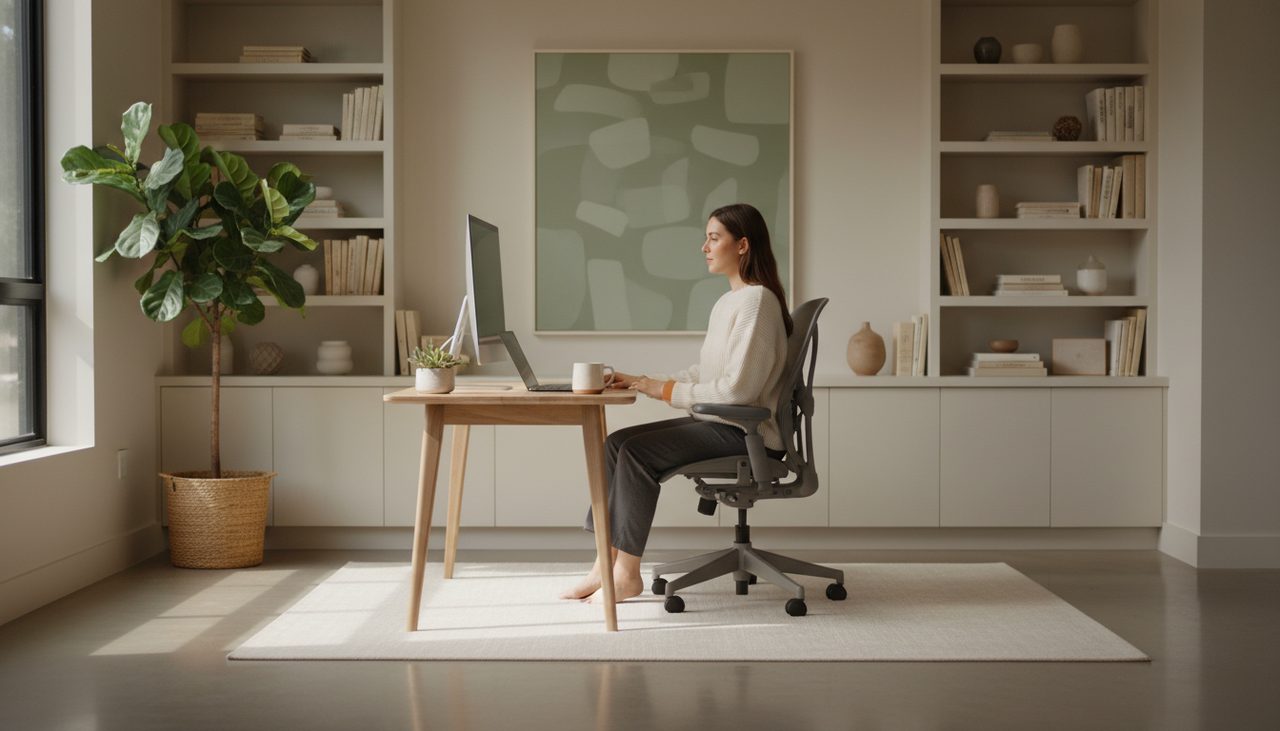 A person sitting comfortably and focused at a tidy home office desk with natural light.