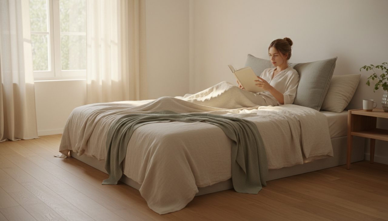 Woman reading comfortably in bed, supported by a light grey husband pillow.