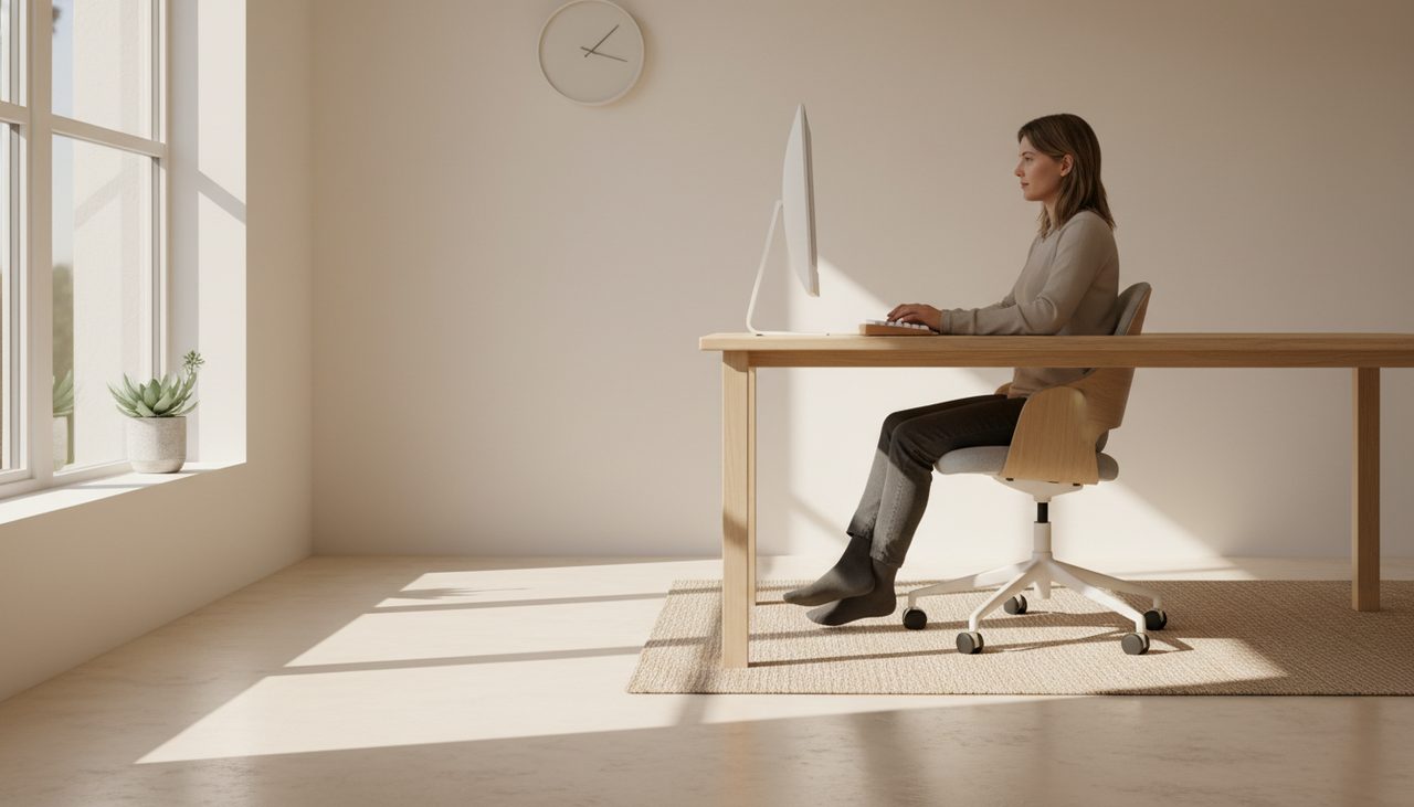 A person comfortably typing at a sunlit home office desk with a keyboard wrist rest.