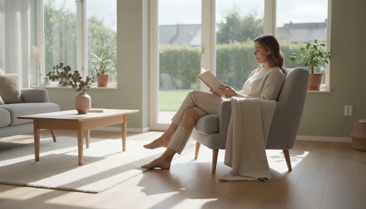 Person relaxing comfortably in a bright living room, subtly wearing a knee support.