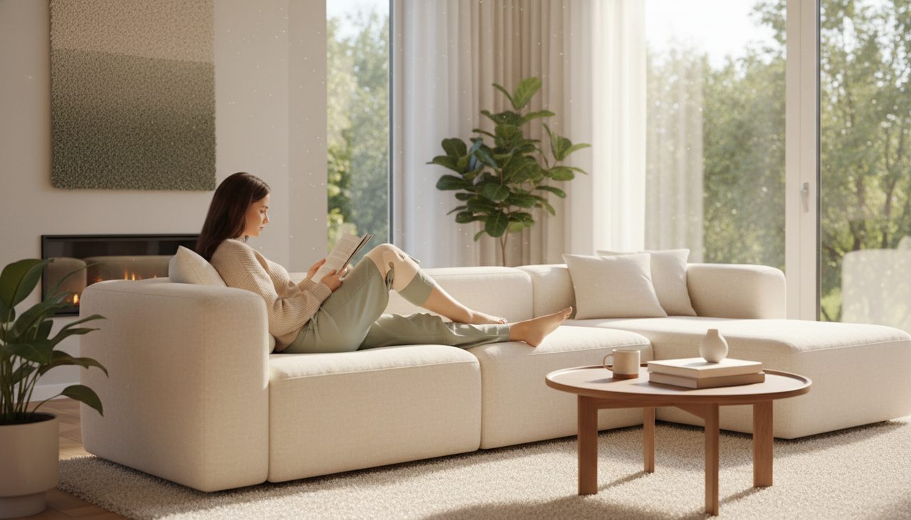 Person reading comfortably on a sofa in a sunlit living room, wearing a knee support.